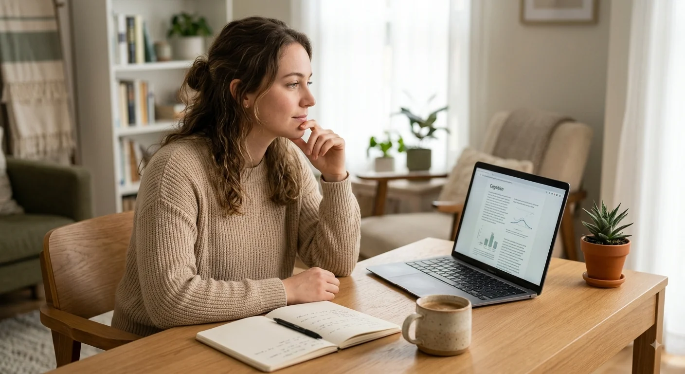 Mulher em atendimento on-line diante do computador, com caderno sobre a mesa