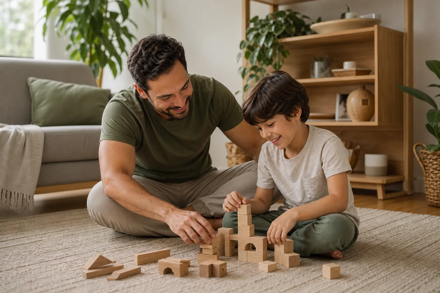 Pai brincando com o filho com blocos de madeira em casa