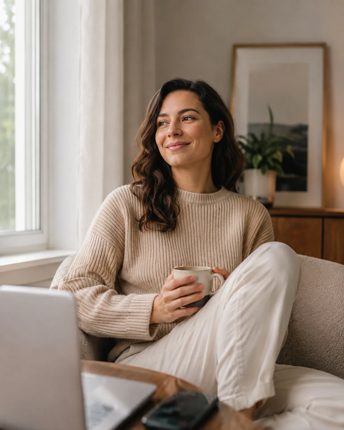 Mulher em casa, em ambiente acolhedor, diante de um notebook